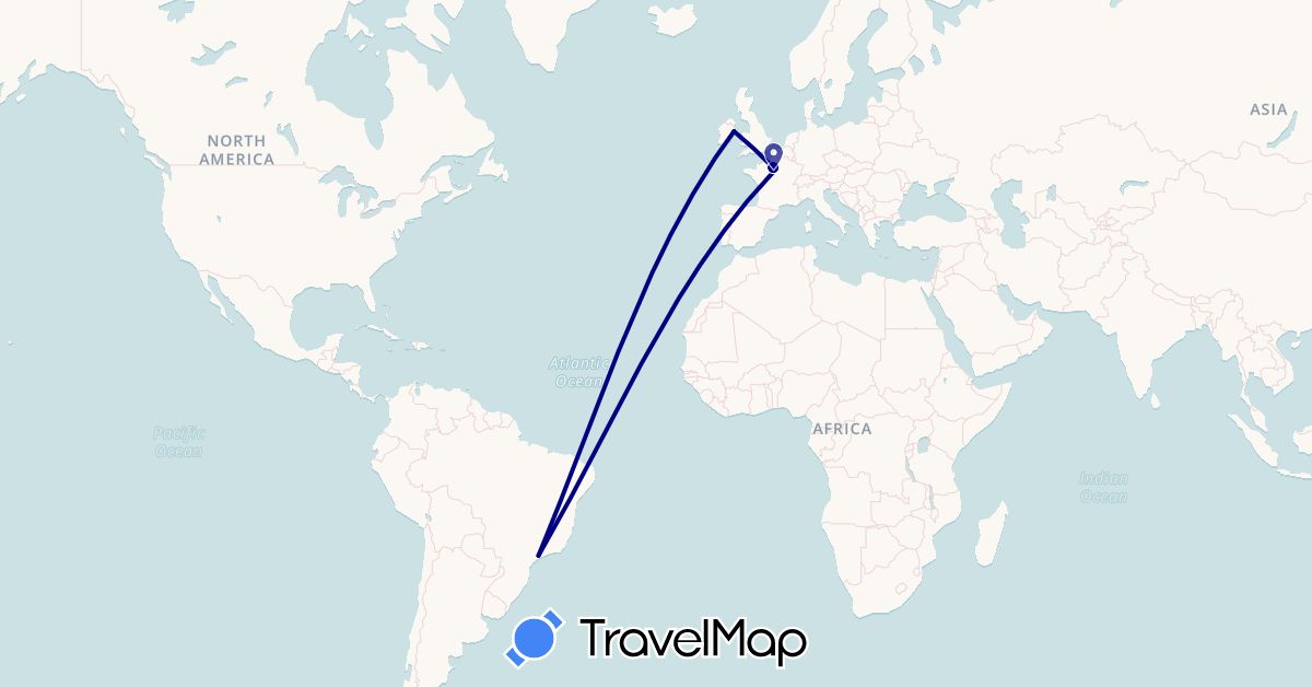 TravelMap itinerary: driving in Brazil, France, Ireland (Europe, South America)